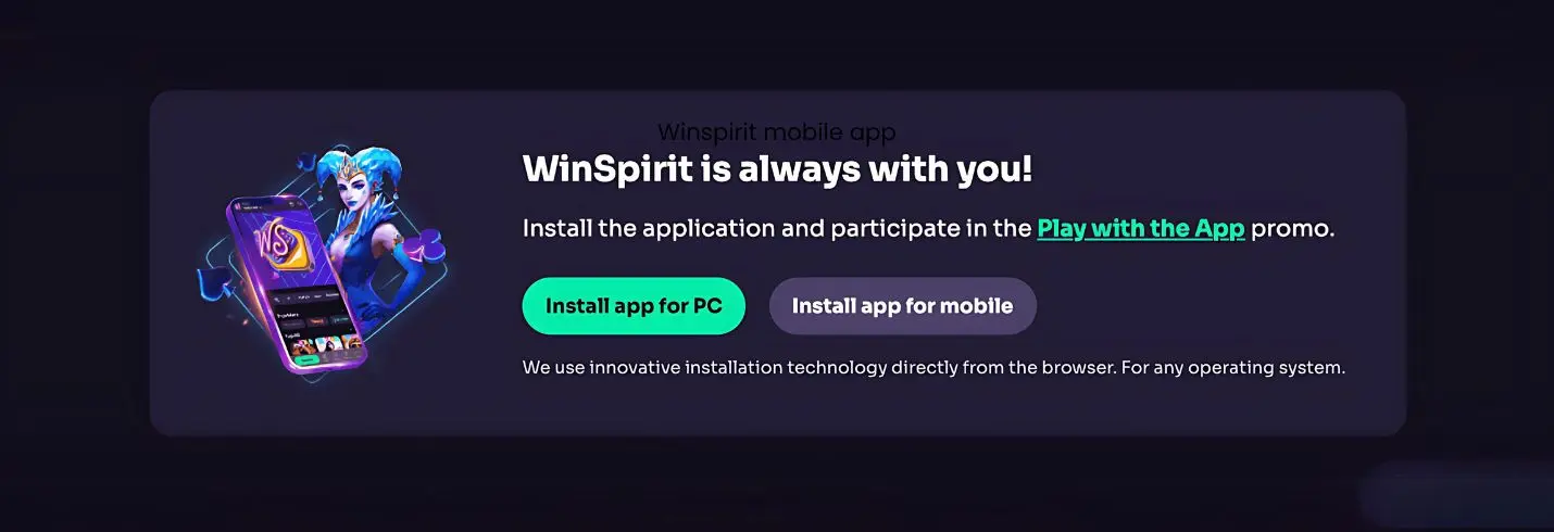 WinSpirit casino website highlighting mobile app download options for iOS, Android, and PC users